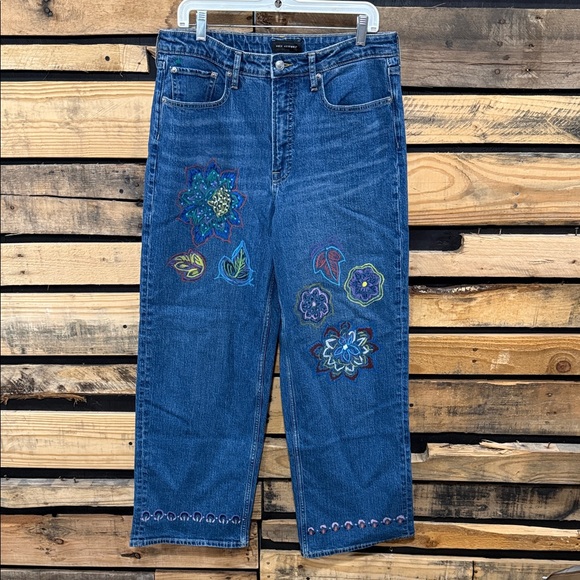 Free Assembly Denim - Free Assembly Women’s Hand Painted Boho‎ Floral High Rise Wide Leg Jeans Size 12